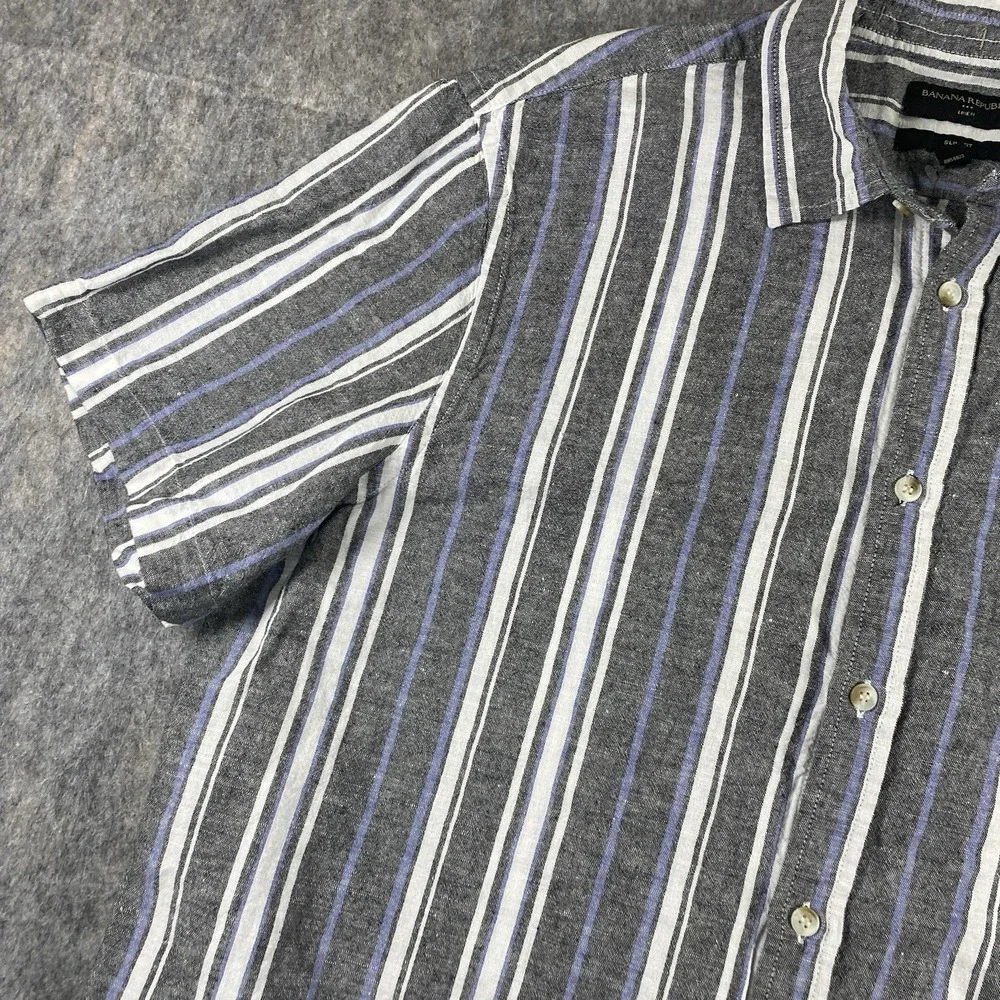Banana Republic Linen Shirt Men's XL Slim‎ Striped Short Sleeve Gray Blue Summer